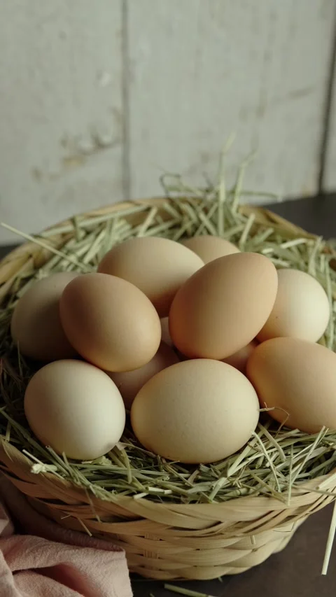 Vertical video Organic eggs and hay in a wicker basket Travel shot right Stock Footage 280628125