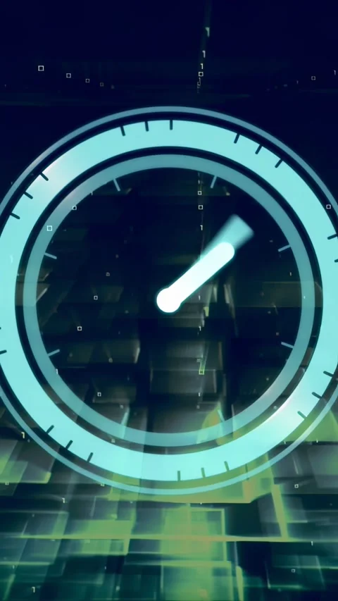 Vertical video: Outer arc appearing cyan HUD clock rotating hands as planes Stock Footage 330655622