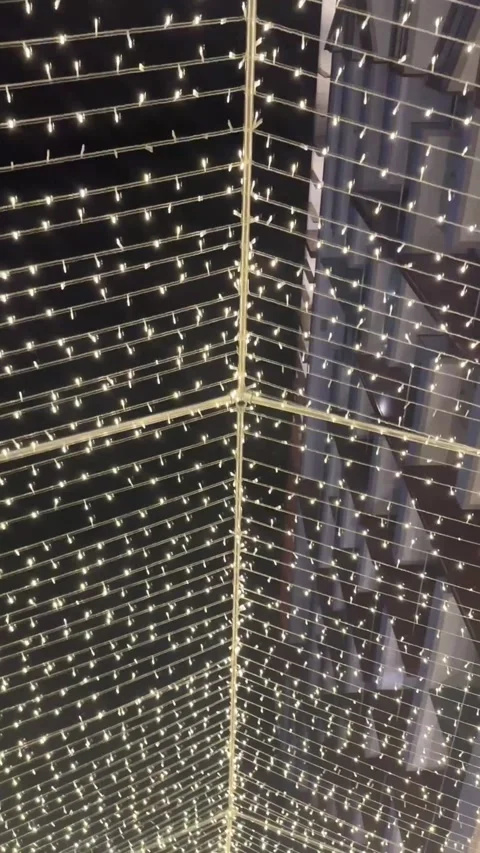Vertical video of overhead canopy of warm string lights Stock Footage 324173899