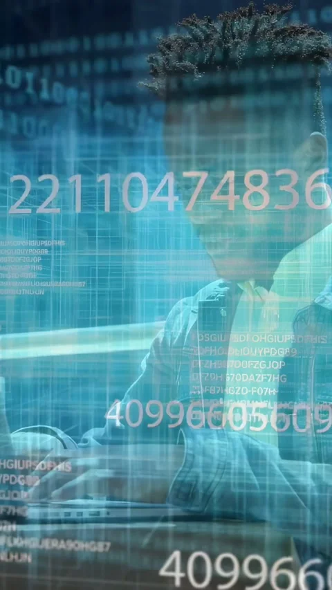 Vertical video: Overlay activating man typing on laptop numbers scrolling Stock Footage 331292208