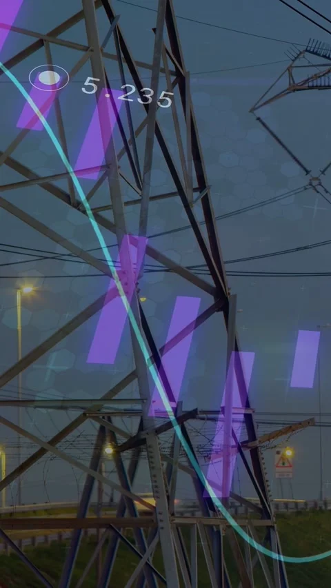 Vertical video: Overlay activating, tower receiving sweeping cyan curve, numbers Stock Footage 340133216