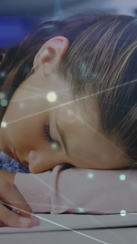 Vertical video: Overlay appearing causing girl in pink resting head reaching 動画素材 330547929