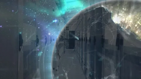 Vertical video: Overlay appearing, CGI globe shifting over racks, sending Stock Footage 332867216