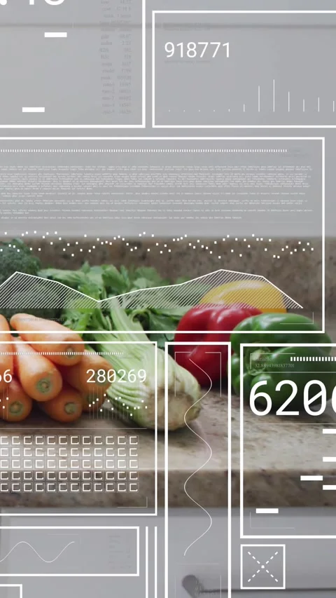 Vertical video: Overlay appearing on counter, scanning produce with food data Stock Footage 330430010