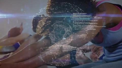 Vertical video: Overlay appearing, curly woman clasping feet for stretch on mat Stock Footage 333968310