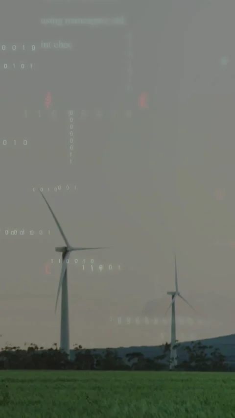 Vertical video: Overlay appearing making 2 turbines rotating slow while code Stock Footage 334396605