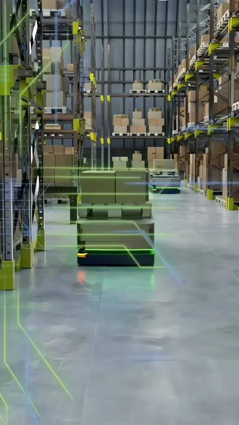 Vertical video: Overlay appearing triggers AMRs moving down aisle carrying loads Stock Footage 334377541