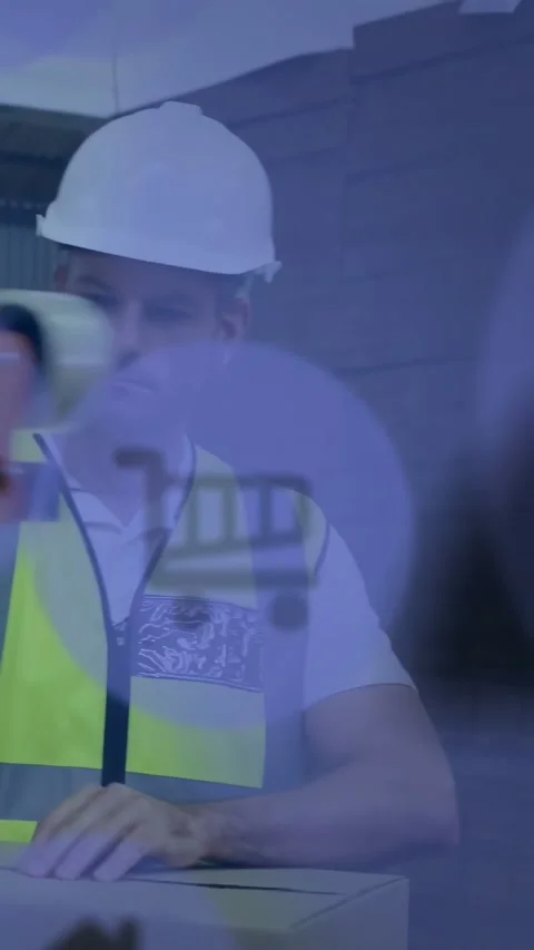 Vertical video: Overlay appearing triggers packing worker taping box, inspecting Stock Footage 334598536