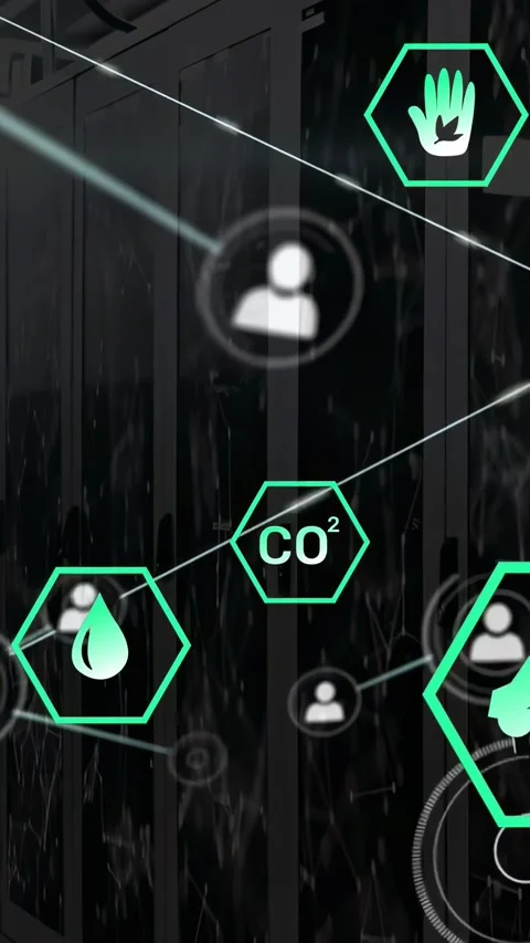 Vertical video: Overlay spanning racks, light beam sparking hex icons, nodes Stock Footage 334318906