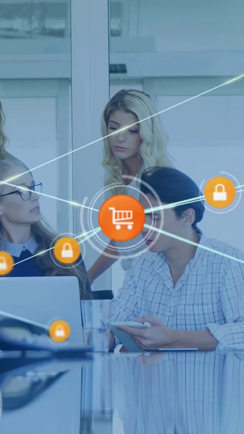 Vertical video: Overlay starting cart node growing while team on laptop tablet Stock Footage 330189453