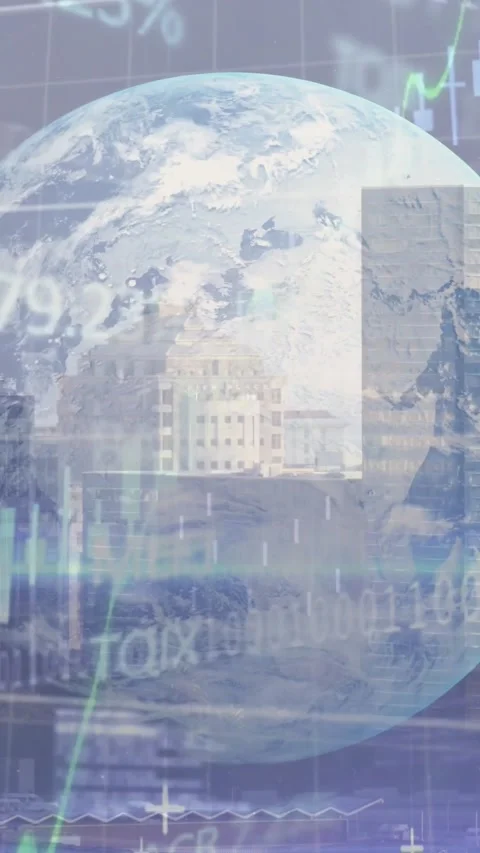 Vertical video: Overlays starting globe shifting while charts animating showing Stock Footage 328350345