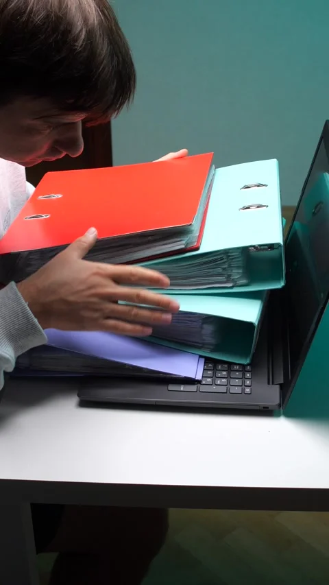 Vertical video overwhelmed person expressing fatigue and stress while balancing Stock Footage 345170341