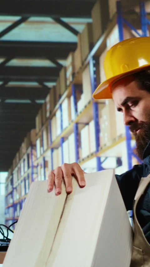 Vertical Video Packaging engineer uses barcode scanner to verify each item Stock Footage 256088546