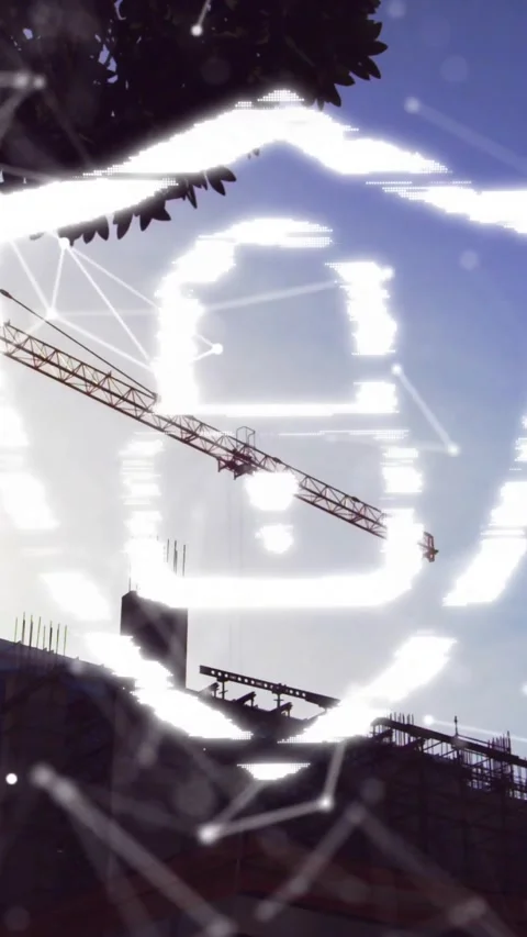 Vertical video: Padlock AR appearing over construction cranes, pulsing and Stock Footage 334603024