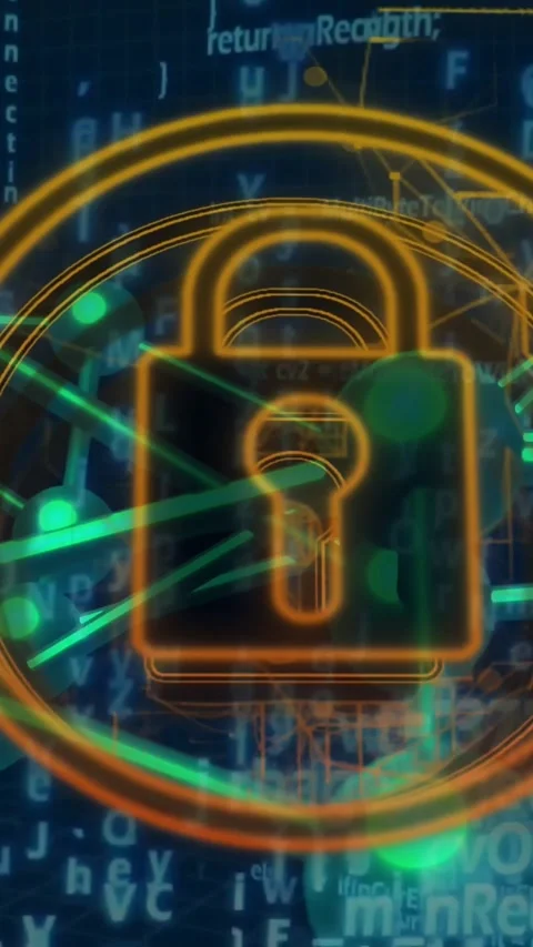 Vertical video: Padlock forming after data pulse, green nodes pulsing for Stock Footage 329552709