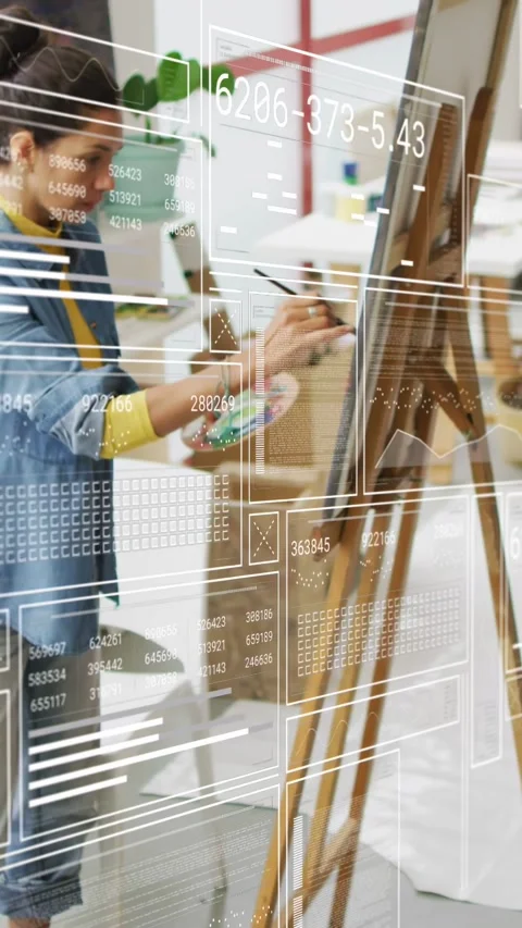 Vertical video: Painter dipping brush in palette and refining canvas in art Stock Footage 333632918