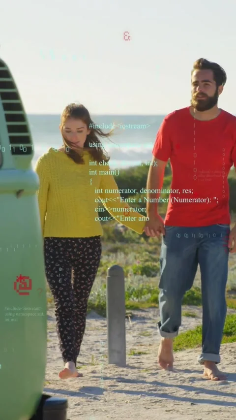 Vertical video: Pair coming, walking to camera, dodging post and van, code Stock Footage 330580962