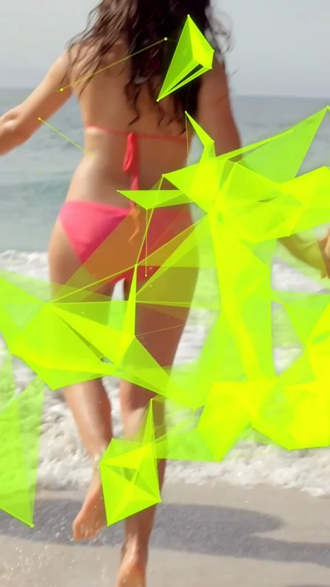 Vertical video: Pair holding hands stepping on sand, neon triangle crossing over Vídeo Stock 333673433