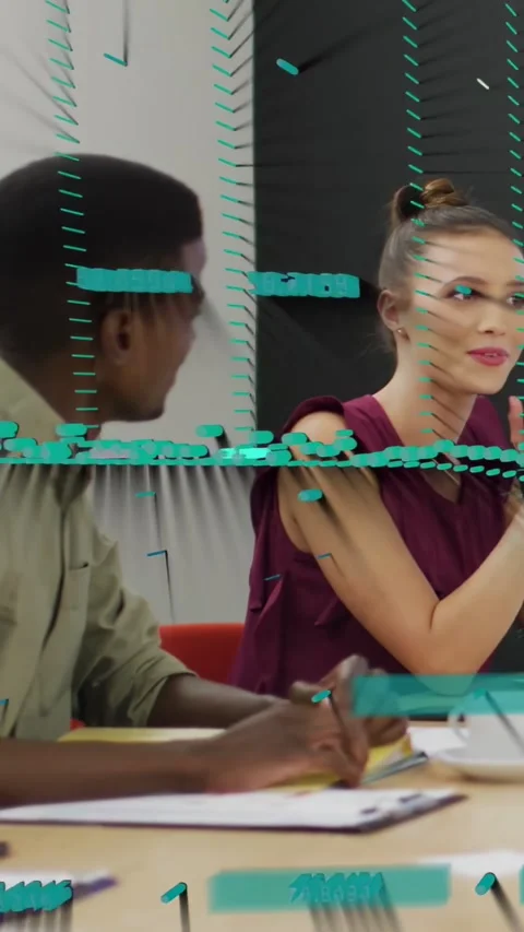 Vertical video: Pair in office cam starting scan, point cloud forming cyan hands Stock Footage 333862111