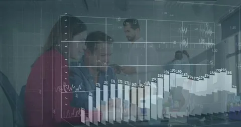 Vertical video: Pair pointing at laptop, starting 3D grid growing bar chart Stock Footage 331046190
