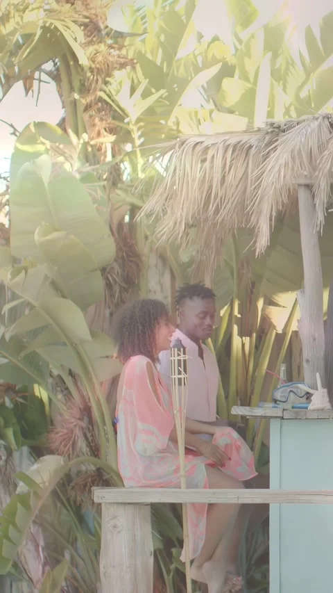 Vertical video: Pair sitting tiki bar, staff placing item, animated order icon Stock Footage 333465367