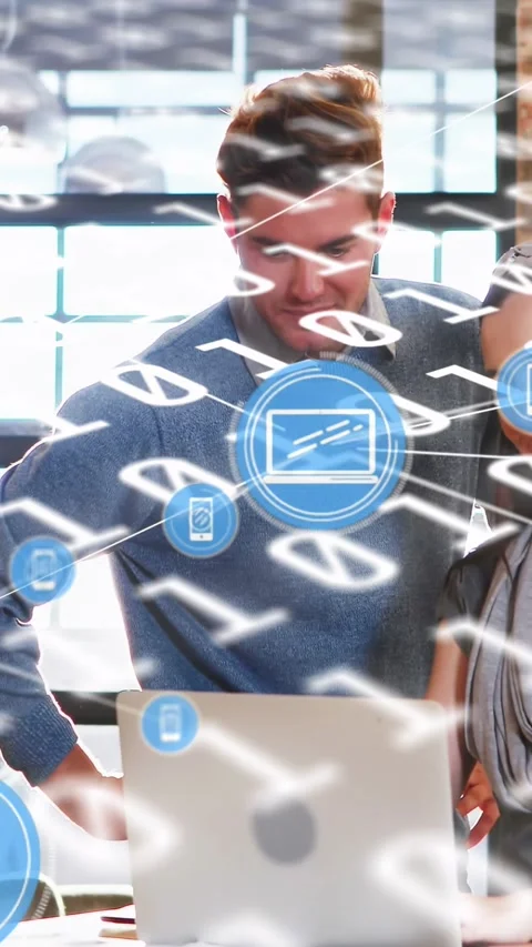 Vertical video: Pair sitting under tech overlay, frames moving, blue binary Stock Footage 330210078