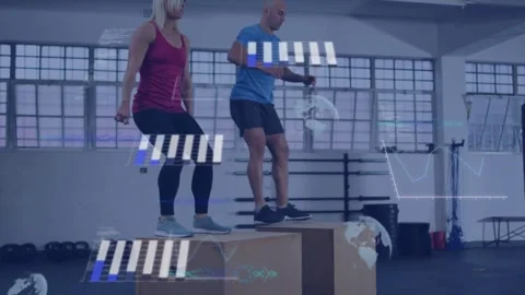 Vertical video: Pair stepping back, jumping onto plyo boxes with overlay for Stock Footage 334183129