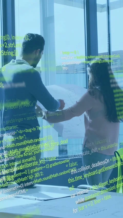 Vertical video: Pair unrolling plan by window, pointing while code overlay Stock Footage 333303594