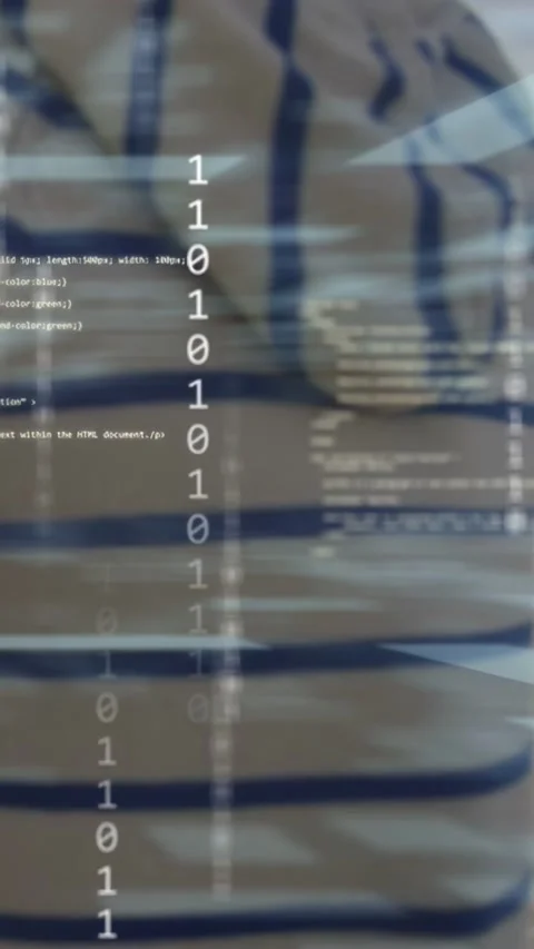 Vertical video: Pair walking on shore while glitch sparking tech binary overlay Stock Footage 333303999