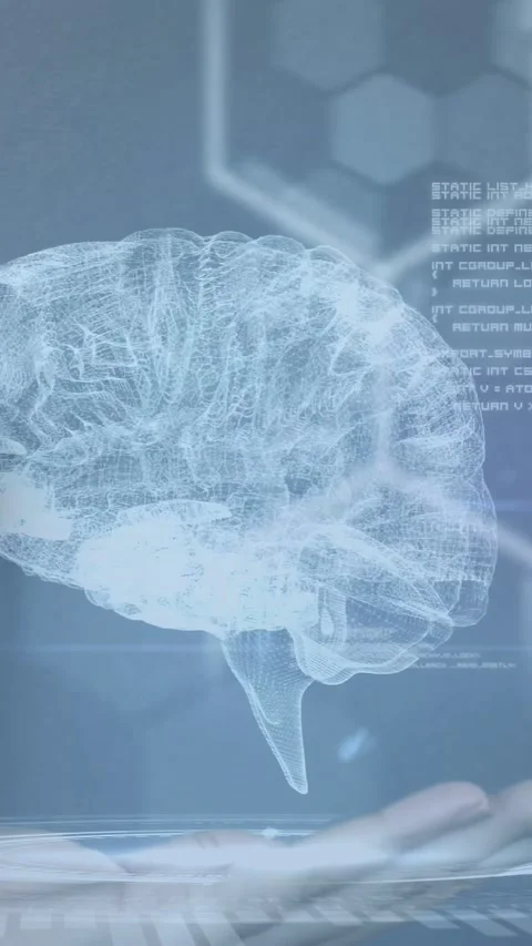 Vertical video: Palm entering, sparking wireframe brain materializing and Stock Footage 335678046
