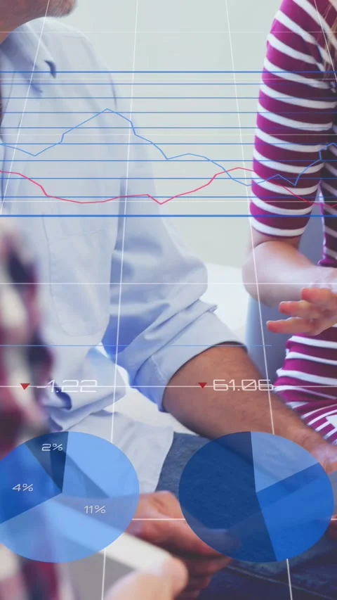 Vertical video: Pan showing team on tablet while woman speaking and data visuals Stock Footage 335678074