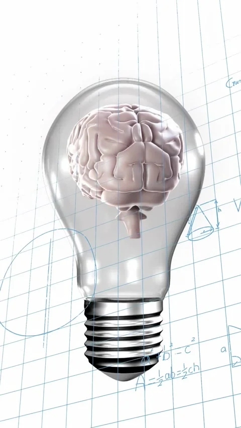 Vertical video: Pan sparking glass bulb brain rotating while math diagrams Stock Footage 331009390