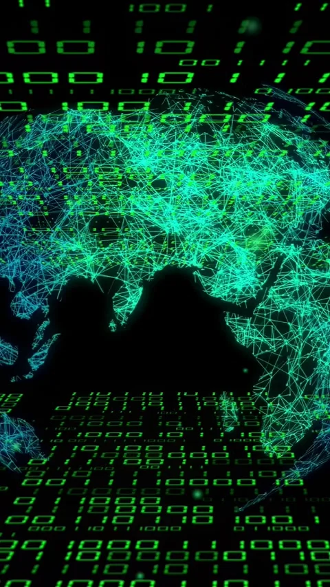 Vertical video: Pan starting wireframe globe rotating and pulsing over binary Stock Footage 335263787