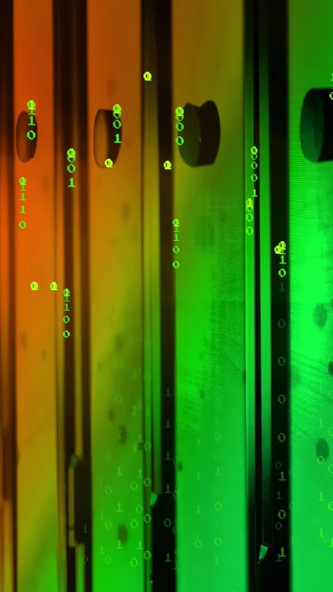 Vertical video: Panel knobs static while incoming data starting green binary Stock Footage 331270767