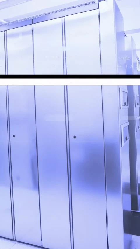 Vertical video: Panel sending signal, IT racks flashing black bar and code, Stock-Footage 334602603