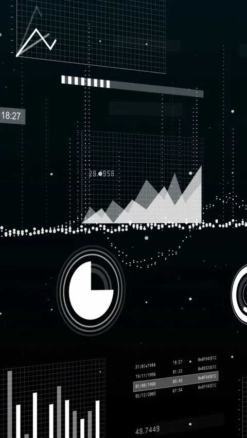 Vertical video: On panels sliding in data dashboard charts rising gauges filling Stock Footage 332939586