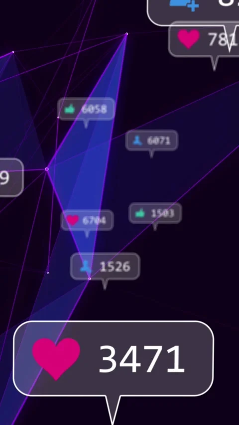 Vertical video: Panels spinning, moving node mesh, updating heart badges showing 스톡 동영상 329703270