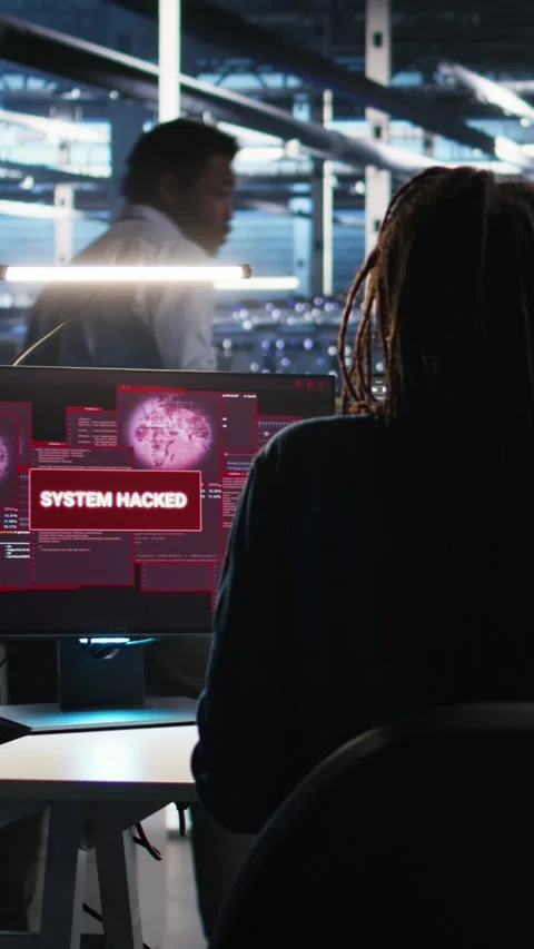 Vertical video Panicked engineer in AI server facility reacts to hacking Stock Footage 307969767