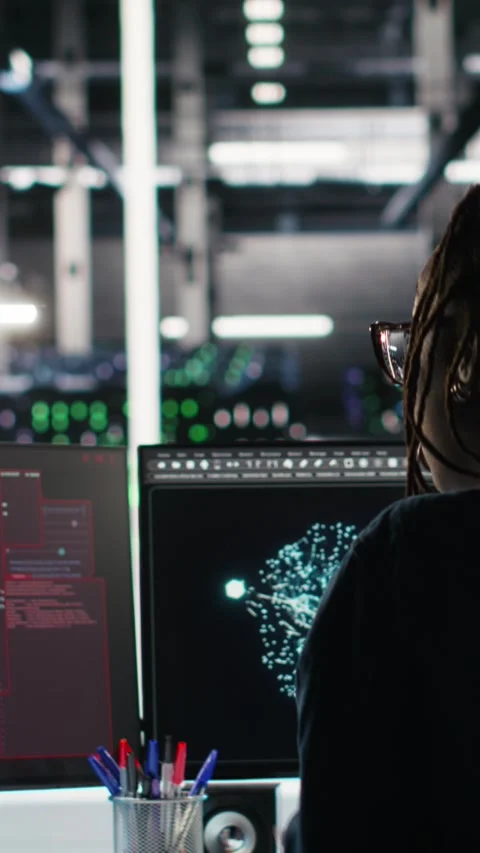 Vertical video Panicked engineer in AI server facility reacts to hacking Stock Footage 307969954