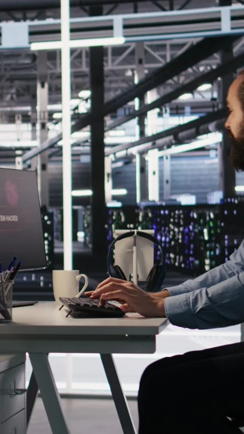 Vertical video Panicked engineers in data center reacting to ransomware warning Stock Footage 309486832