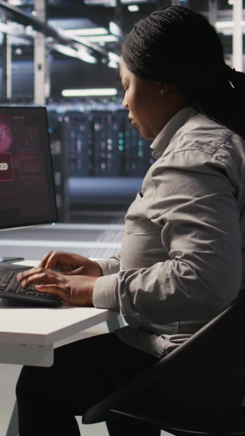 Vertical video Panicked system administrator in data center reacting to spyware Stock Footage 309486446