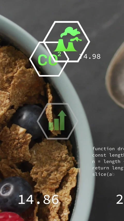 Vertical video: Panning camera showing blue bowl with cereal and berries on Stock Footage 330655636