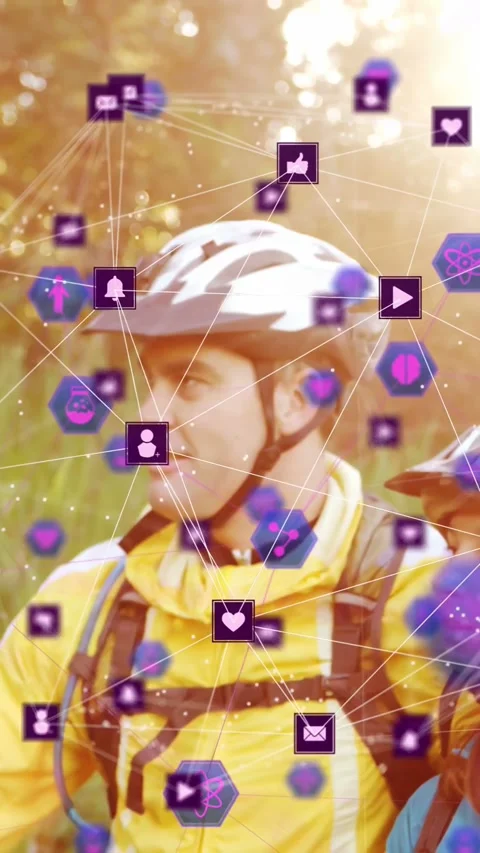 Vertical video: Parent, child biking, pullback spawning social icons showing Stock-Footage 333896496