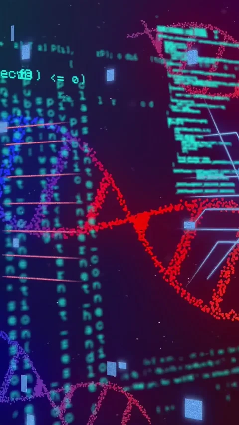Vertical video: Particles forming red DNA helix drifting through neon grid code Stock Footage 332846370
