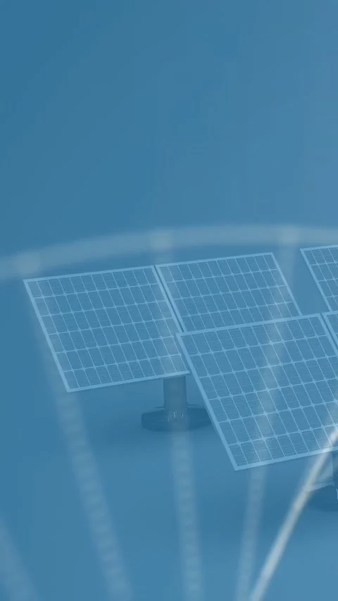 Vertical video: Particles thinning revealing solar array on blue set, sending Stock Footage 334317430