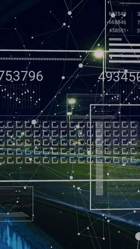 Vertical video: Passing light trails sparking AR overlay, numeric panels growing Stock Footage 329841327