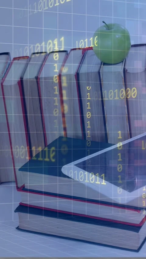 Vertical video: Pause ending binary digits appearing, cascading over books tab Stock Footage 334770506