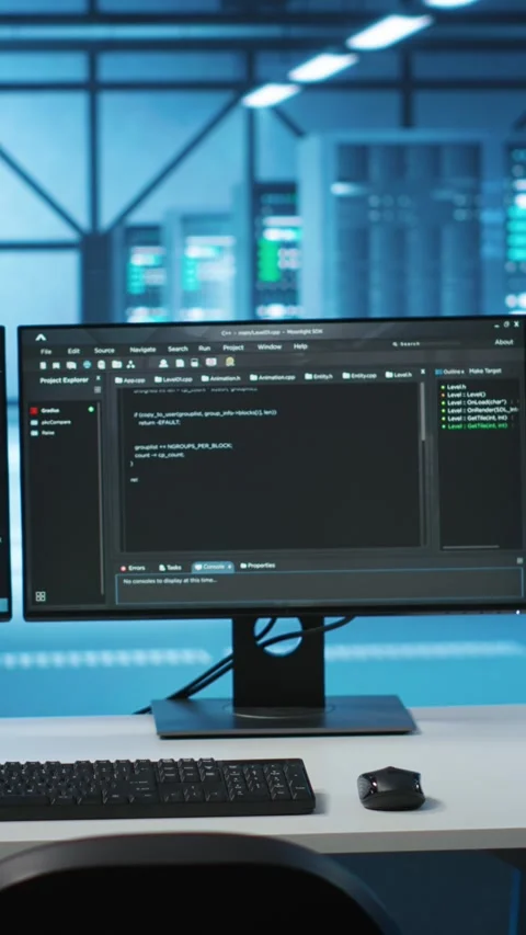 Vertical video PC monitors on desk used for checking potential system failures Stock Footage 276138204