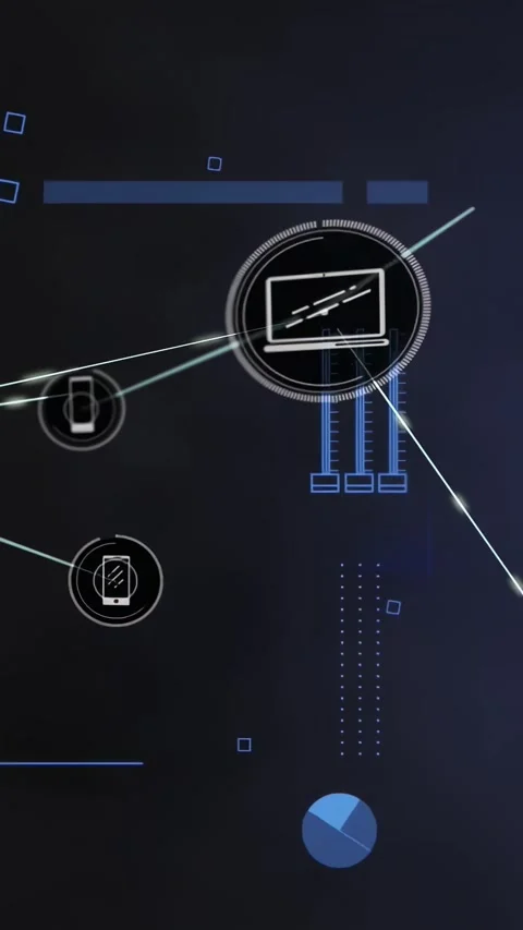 Vertical video: PC node expanding data flowing linking phone nodes and bar,pie Stock Footage 330720596