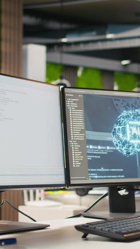 Vertical video PC on office desk used to implement algorithms enabling deep Stock-Footage 312768049